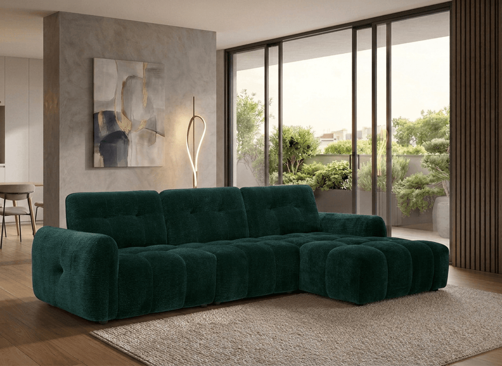 Canapé d'angle en velours tissé vert sapin avec dossier réglable ADONIS - Angle droit