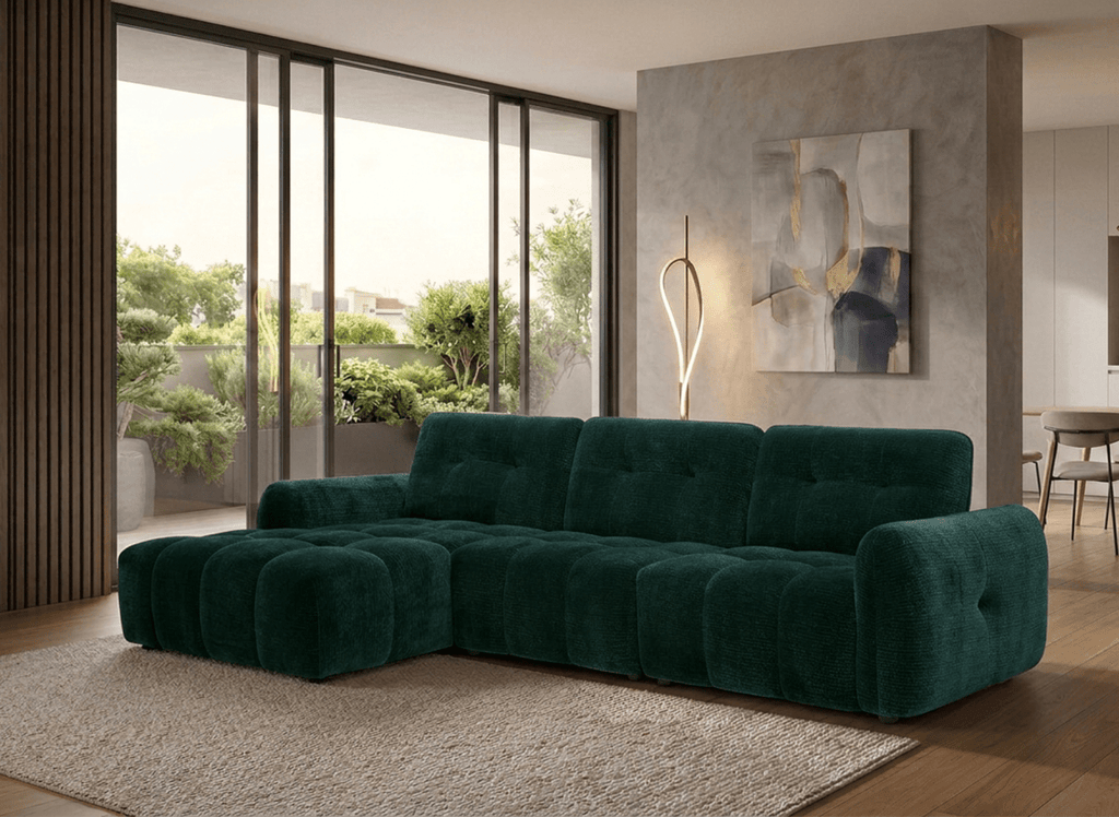 Canapé d'angle en velours tissé vert sapin avec dossier réglable ADONIS - Angle gauche