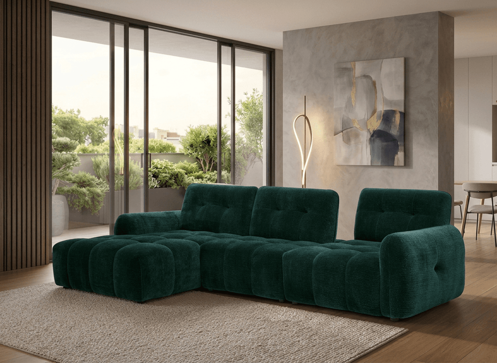 Canapé d'angle en velours tissé vert sapin avec dossier réglable ADONIS - Angle gauche