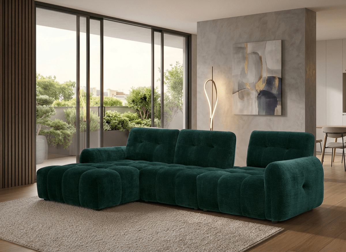 Canapé d'angle en velours tissé vert sapin avec dossier réglable ADONIS - Angle gauche