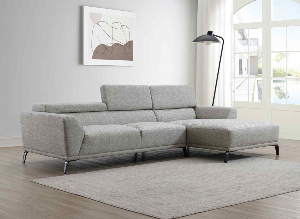 Canapé d'angle fixe avec méridienne en tissu gris clair KALISTA - Angle Droit