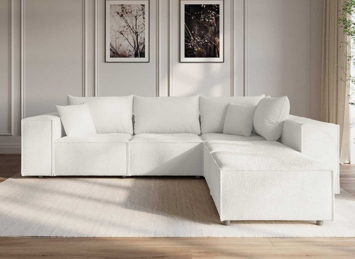 Canapé d'angle fixe modulable avec 1 pouf en tissu effet peau de mouton blanc écru HARLEM XL