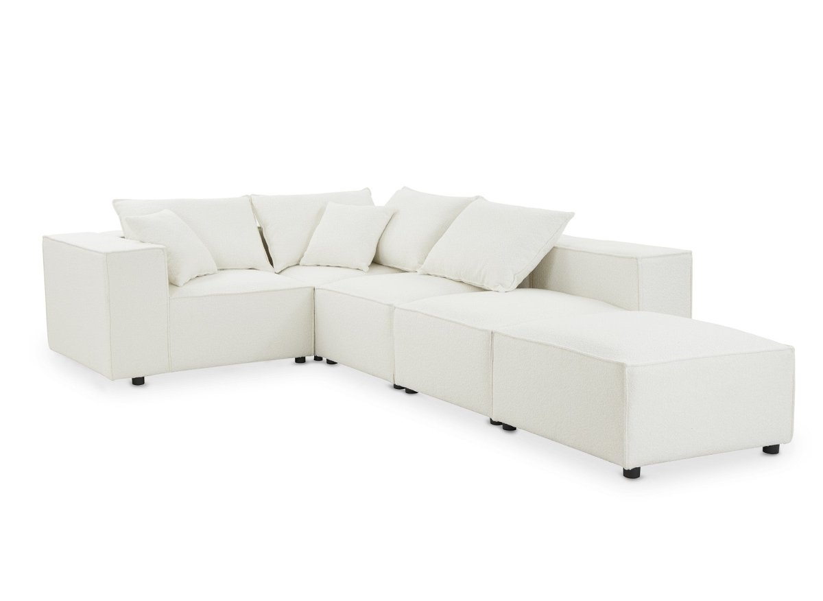 Canapé d'angle fixe modulable avec 1 pouf en tissu effet peau de mouton blanc écru HARLEM XL