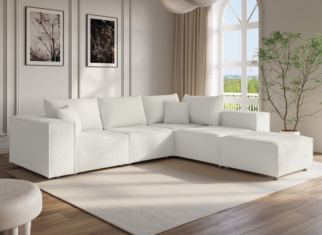 Canapé d'angle fixe modulable avec 1 pouf en tissu effet peau de mouton blanc écru HARLEM XL