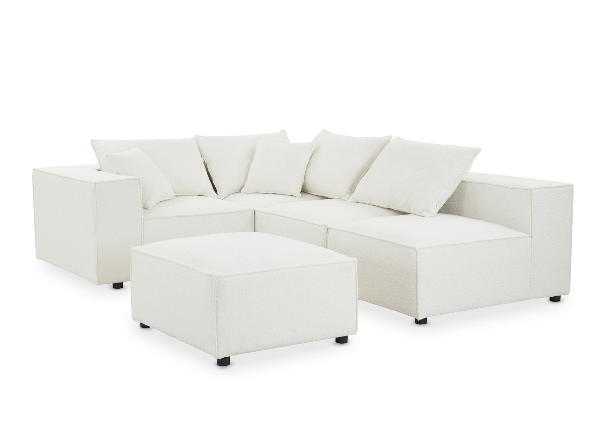 Canapé d'angle fixe modulable avec 1 pouf en tissu effet peau de mouton blanc écru HARLEM XL