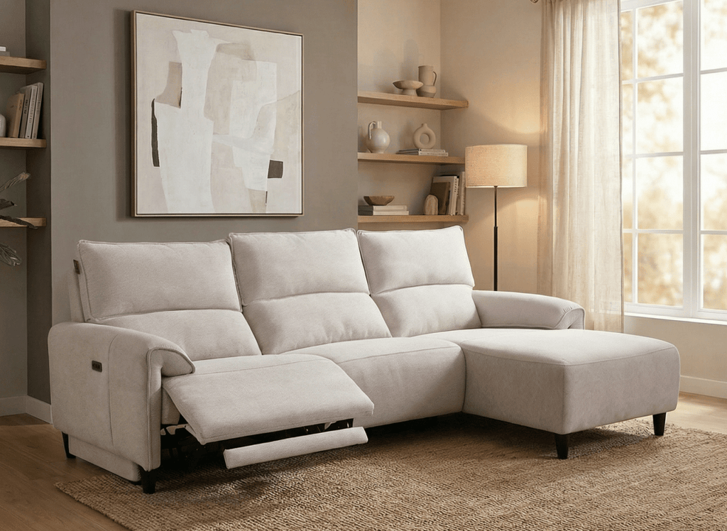 Canapé d’angle relax électrique en tissu beige LUDMILA - Angle droit