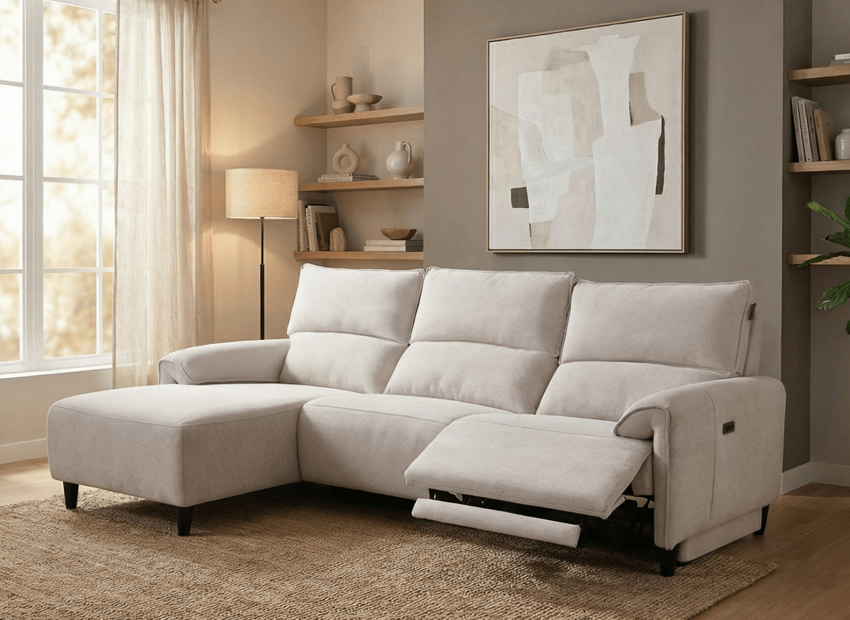 Canapé d’angle relax électrique en tissu beige LUDMILA - Angle gauche