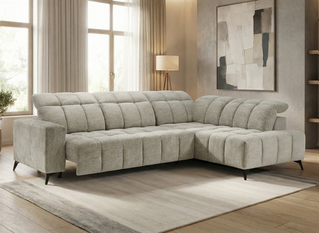 Canapé d'angle relax électrique en velours chiné beige ALVAR - Angle droit