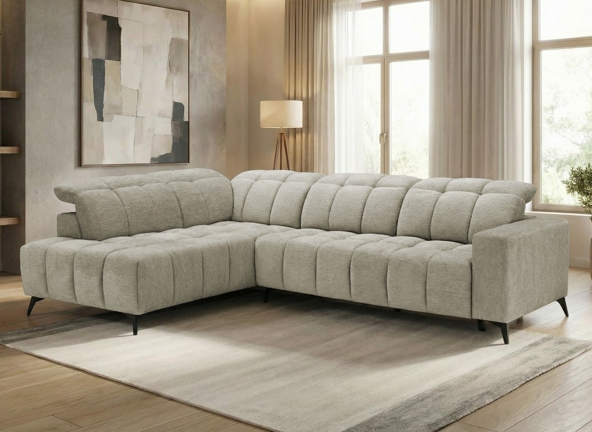 Canapé d'angle relax électrique en velours chiné beige ALVAR - Angle gauche