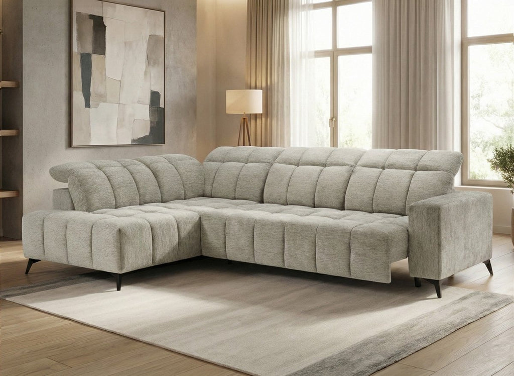 Canapé d'angle relax électrique en velours chiné beige ALVAR - Angle gauche