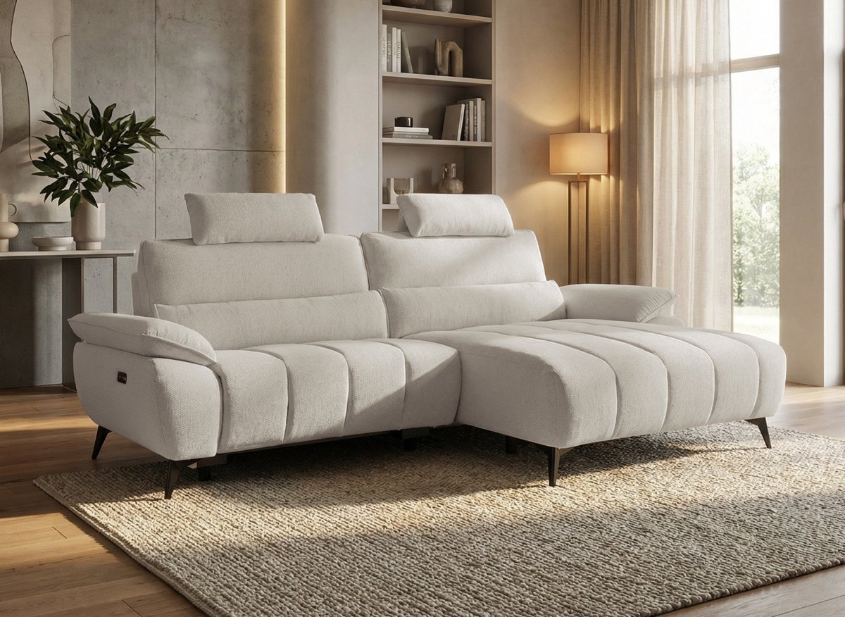 Canapé d’angle relax électrique en velours chiné beige LYANA - Angle droit