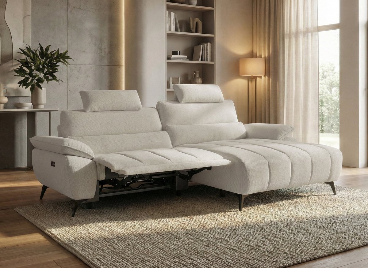 Canapé d’angle relax électrique en velours chiné beige LYANA - Angle droit