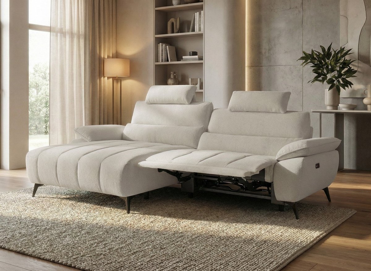 Canapé d’angle relax électrique en velours chiné beige LYANA - Angle gauche