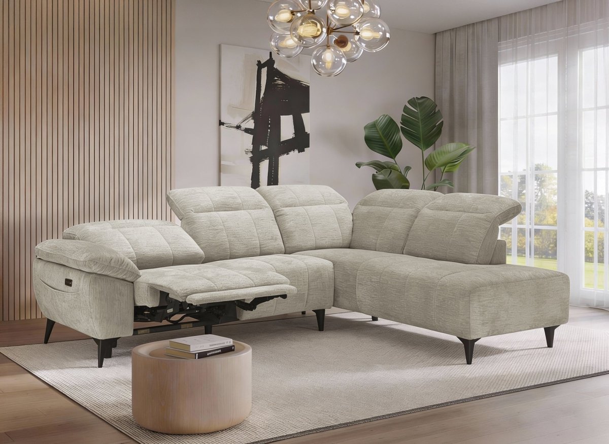 Canapé d'angle relax électrique en velours chiné beige SOLINA - Angle droit