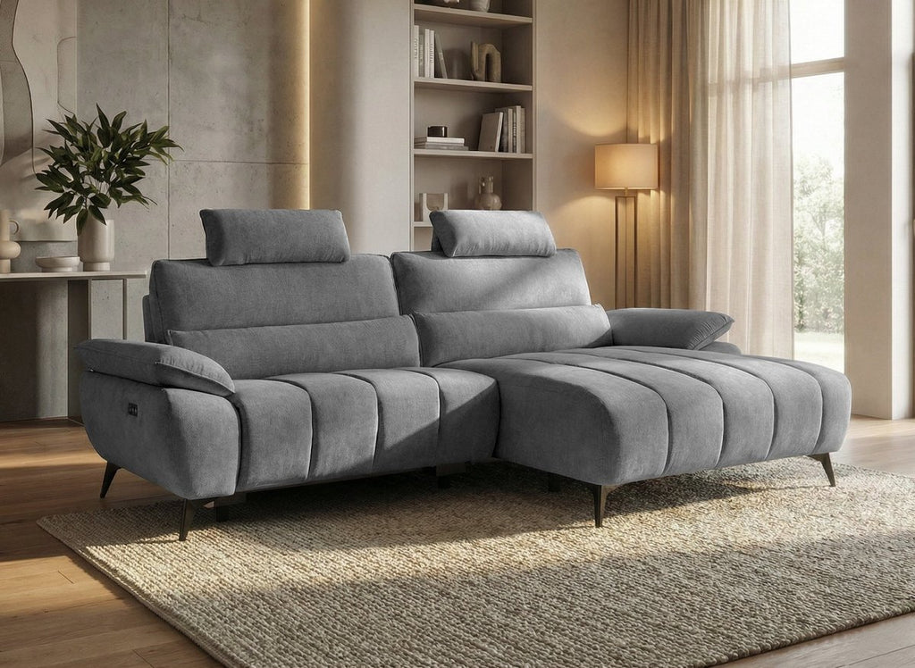 Canapé d’angle relax électrique en velours chiné gris LYANA - Angle droit