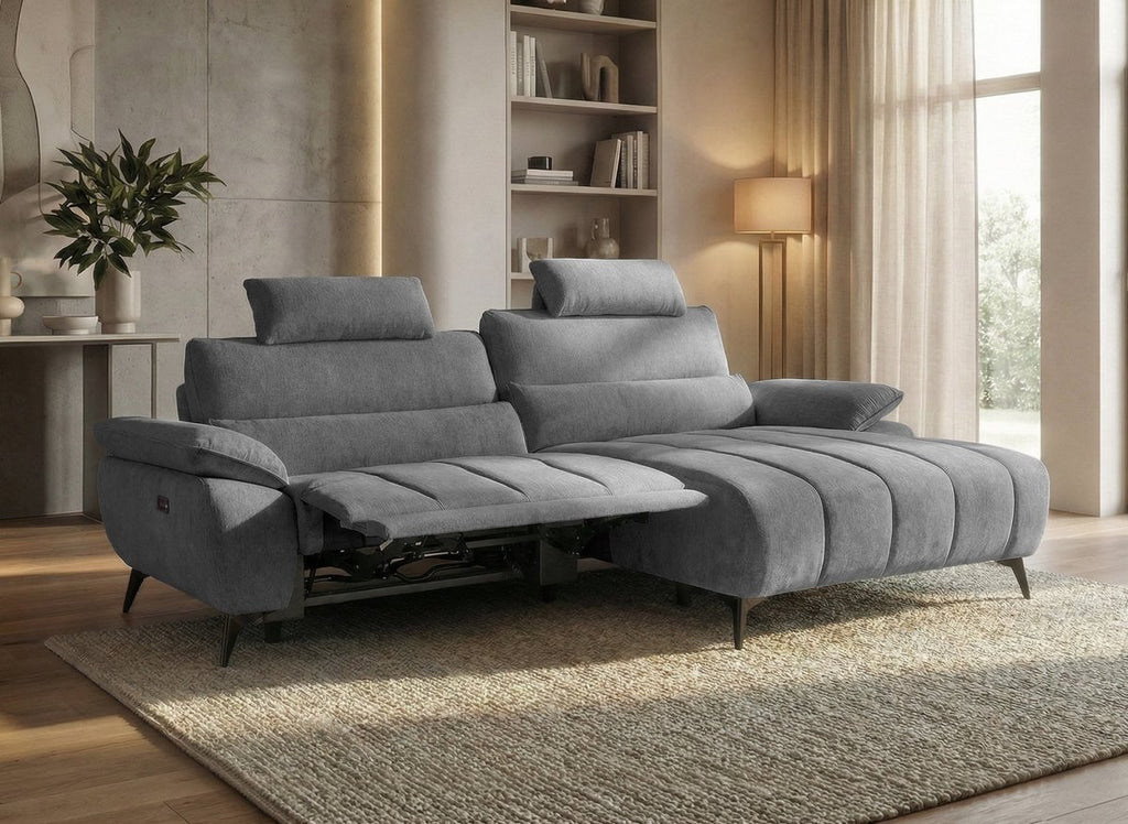 Canapé d’angle relax électrique en velours chiné gris LYANA - Angle droit