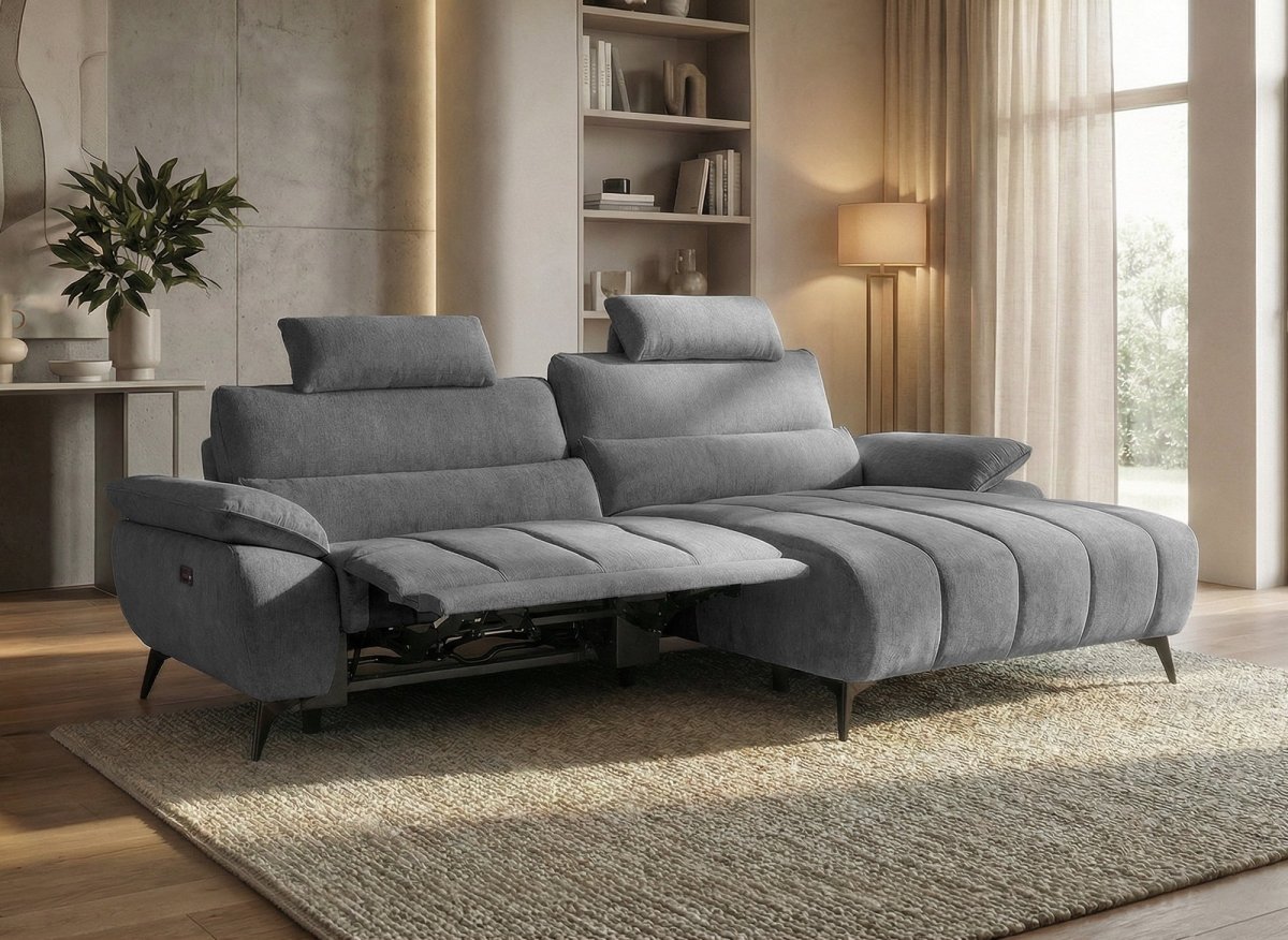 Canapé d’angle relax électrique en velours chiné gris LYANA - Angle droit