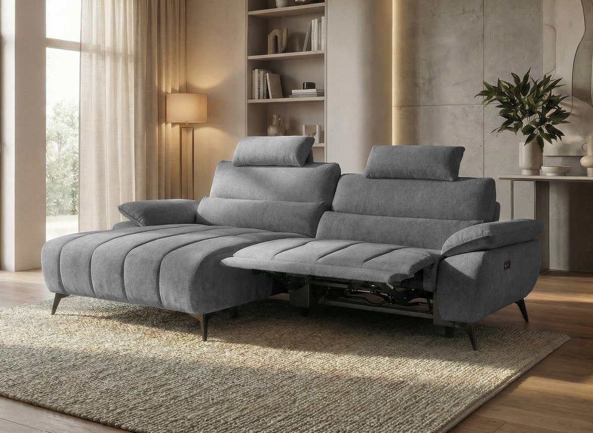 Canapé d’angle relax électrique en velours chiné gris LYANA - Angle gauche
