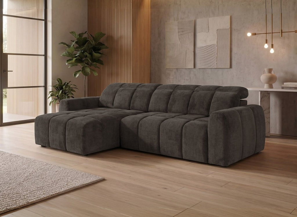 Canapé d'angle relax électrique en velours chiné marron DANIA -Angle gauche