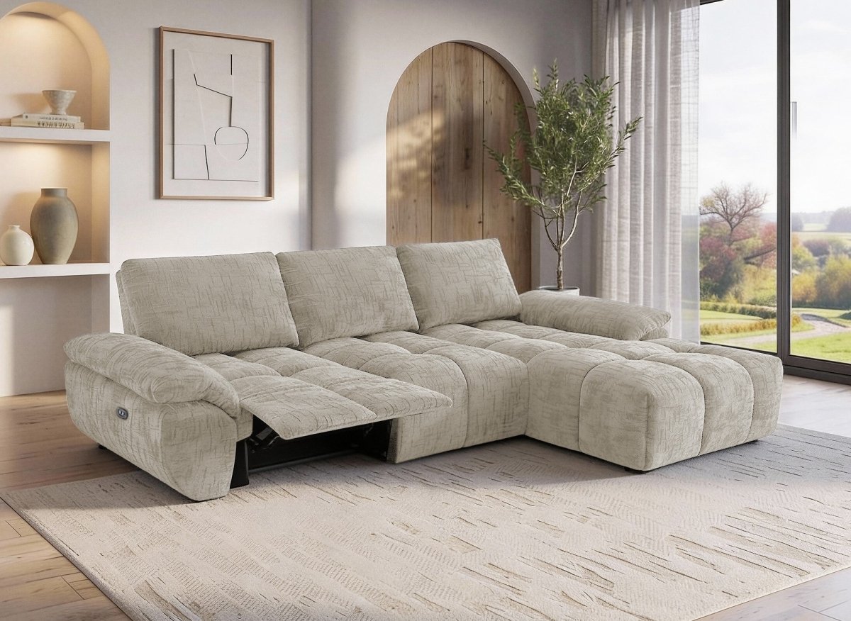 Canapé d’angle relax électrique en velours chiné taupe ALPES - Angle droit