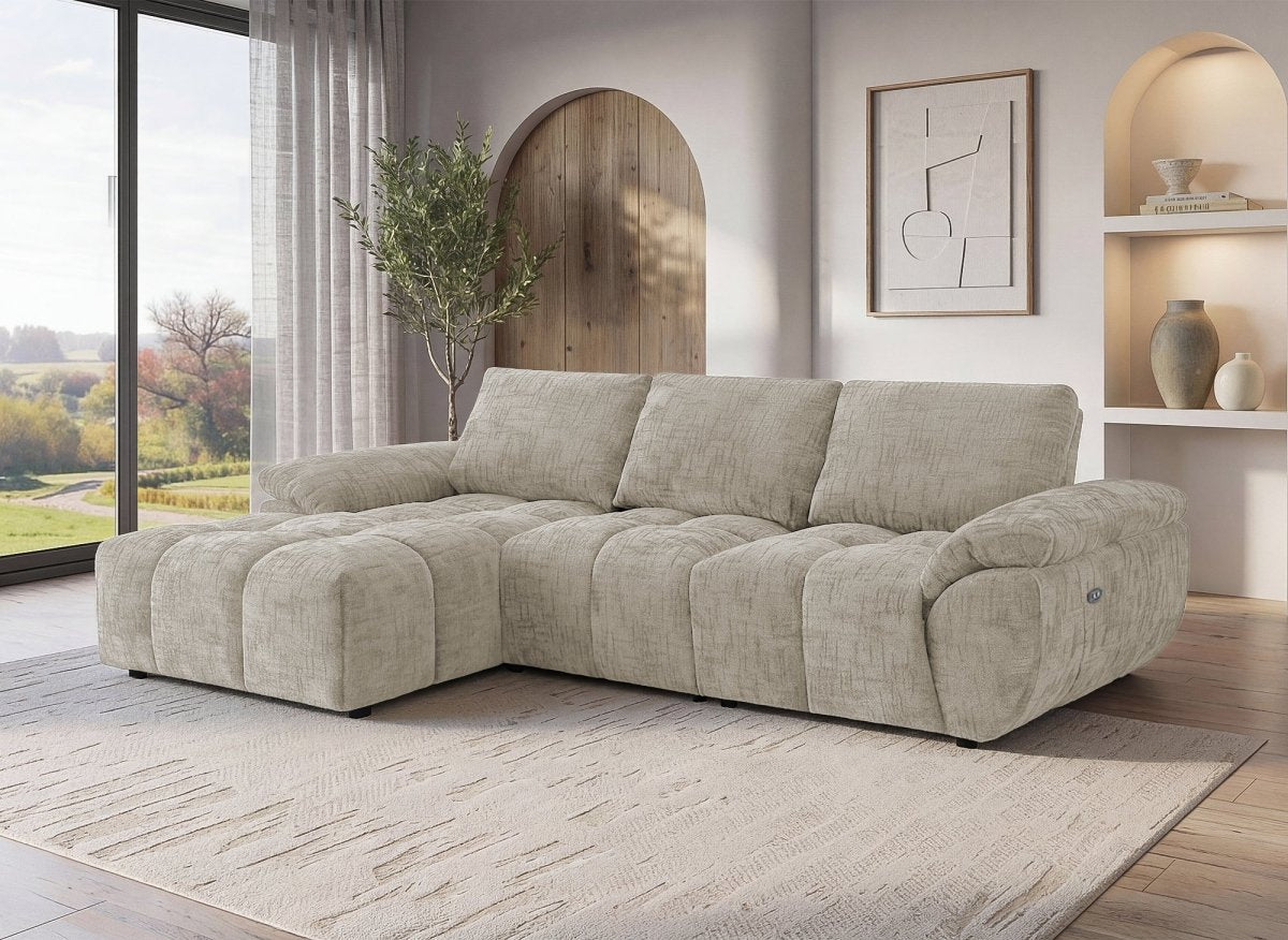Canapé d’angle relax électrique en velours chiné taupe ALPES - Angle gauche