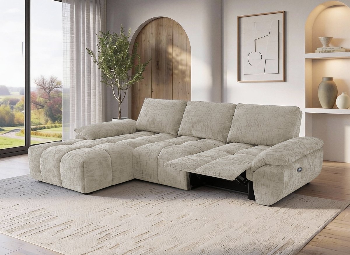 Canapé d’angle relax électrique en velours chiné taupe ALPES - Angle gauche