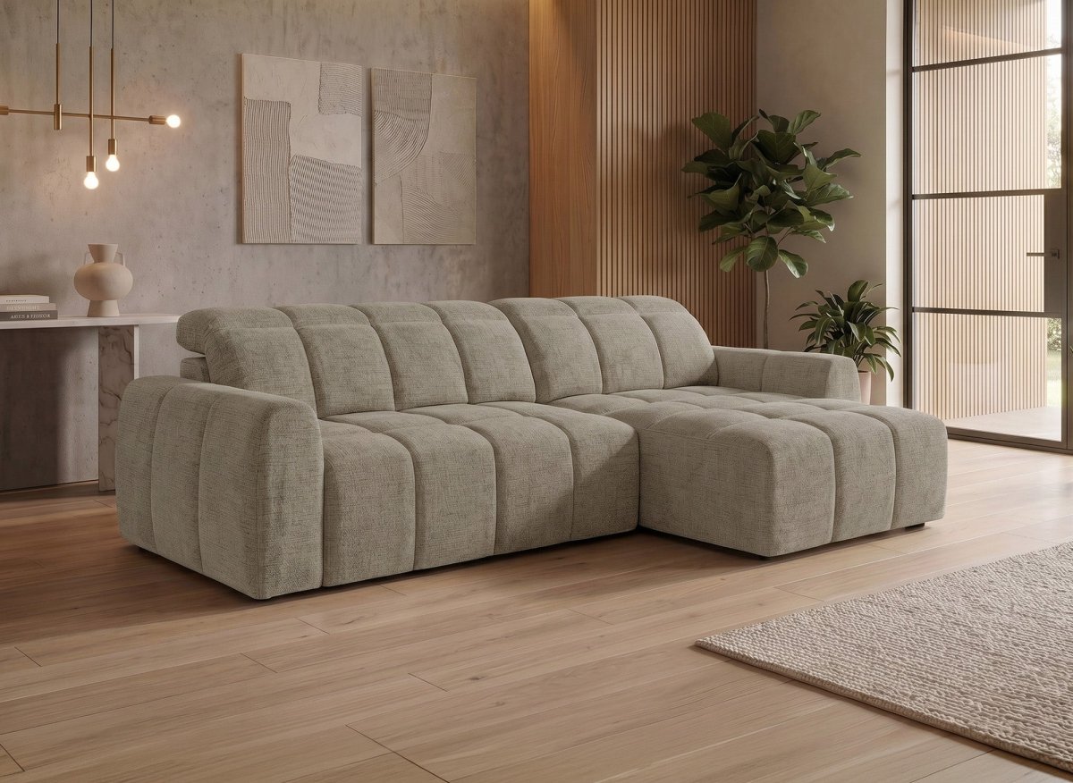 Canapé d'angle relax électrique en velours chiné taupe DANIA -Angle droit