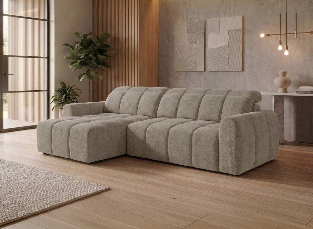 Canapé d'angle relax électrique en velours chiné taupe DANIA -Angle gauche