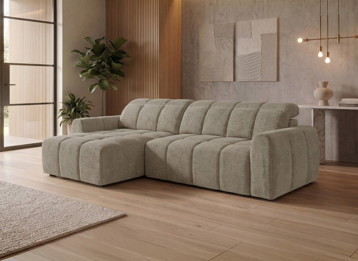 Canapé d'angle relax électrique en velours chiné taupe DANIA -Angle gauche