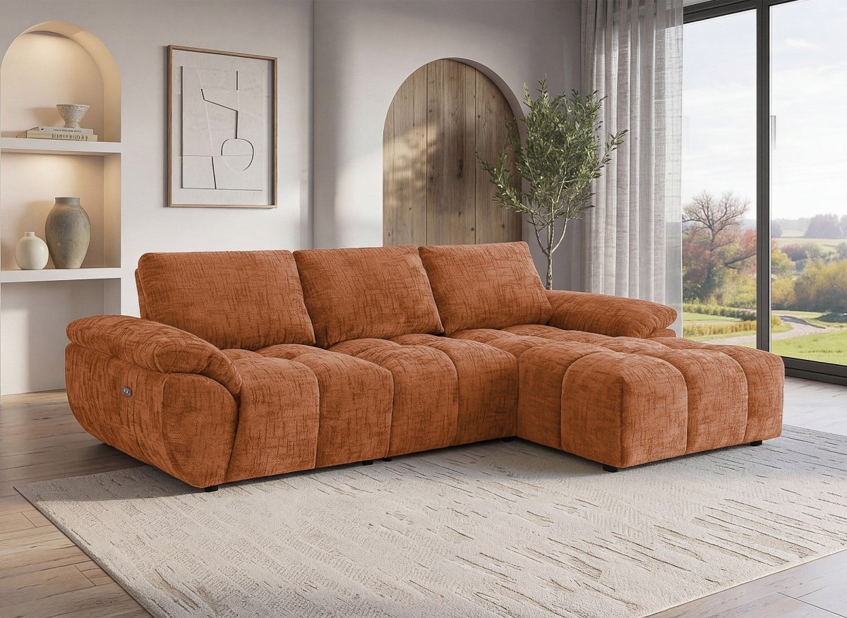 Canapé d’angle relax électrique en velours chiné terracotta ALPES - Angle droit