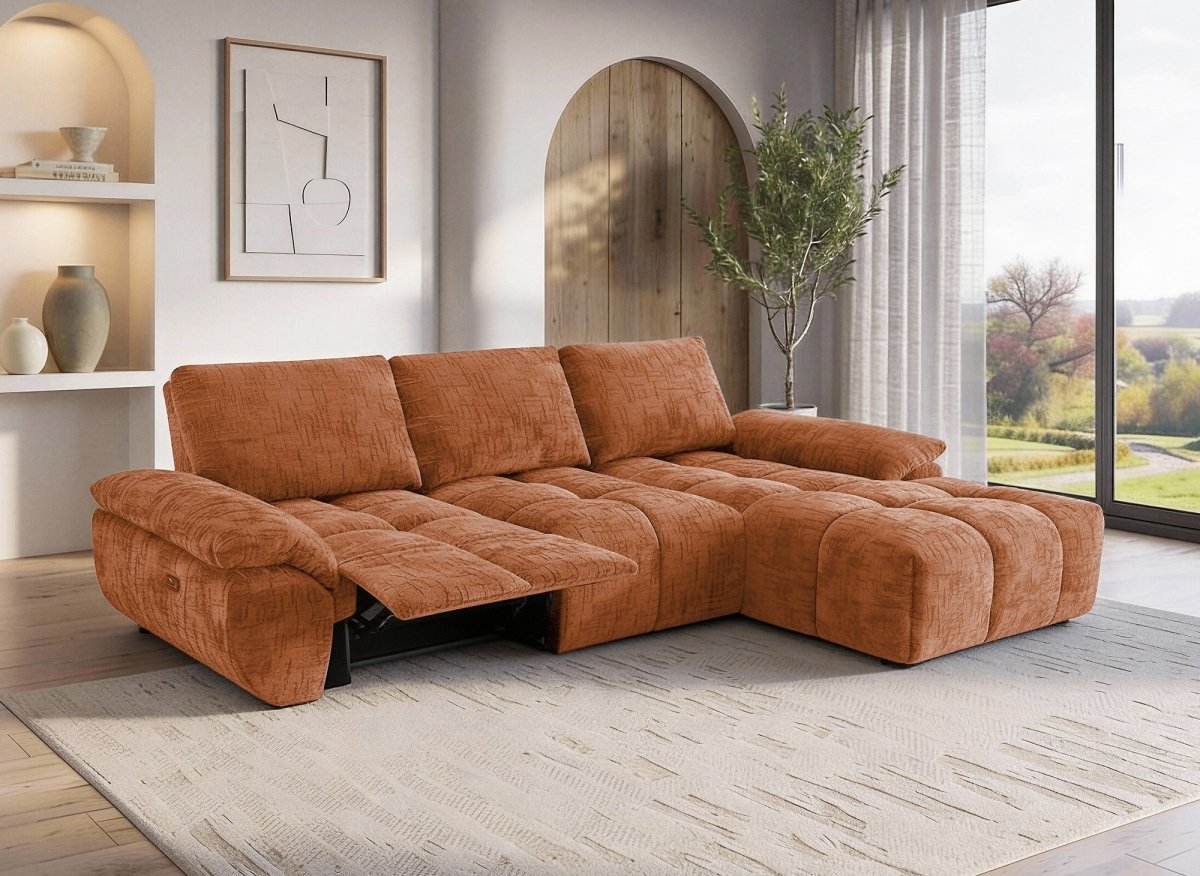 Canapé d’angle relax électrique en velours chiné terracotta ALPES - Angle droit