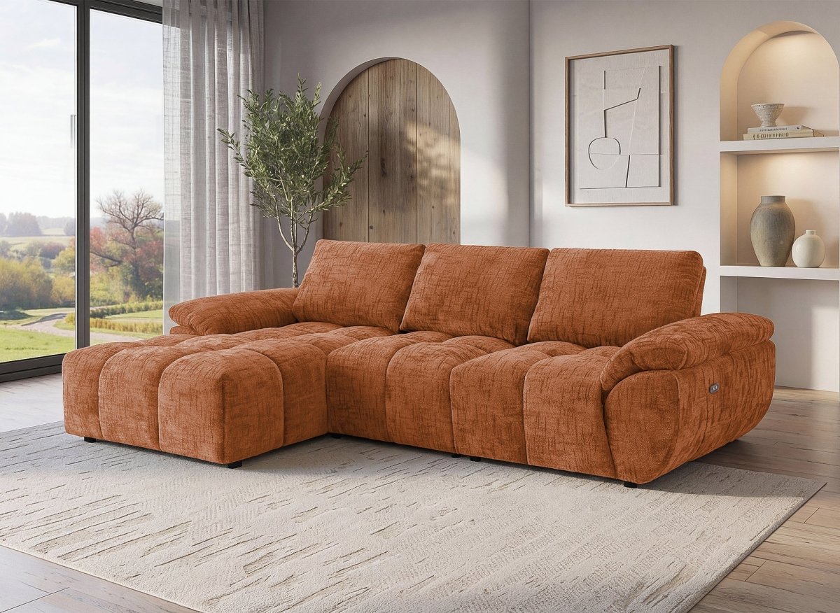 Canapé d’angle relax électrique en velours chiné terracotta ALPES - Angle gauche