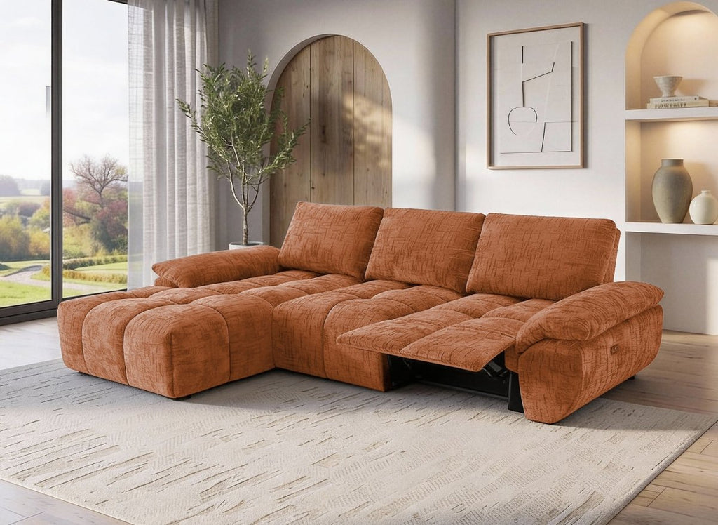 Canapé d’angle relax électrique en velours chiné terracotta ALPES - Angle gauche