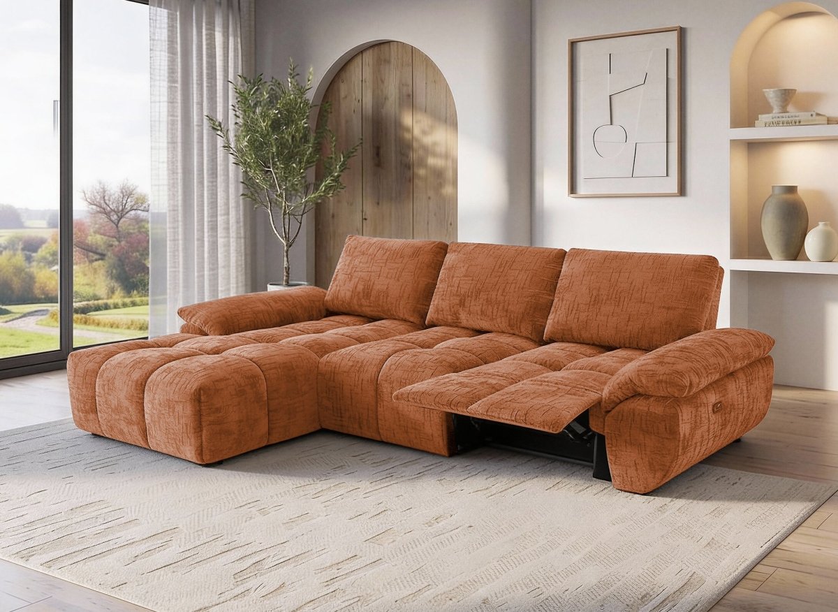 Canapé d’angle relax électrique en velours chiné terracotta ALPES - Angle gauche