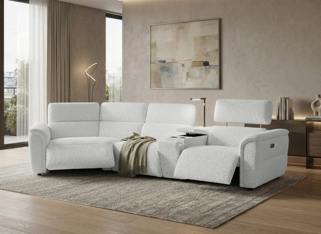 Canapé d'angle relax en tissu bouclette doux beige MARINA - Angle gauche