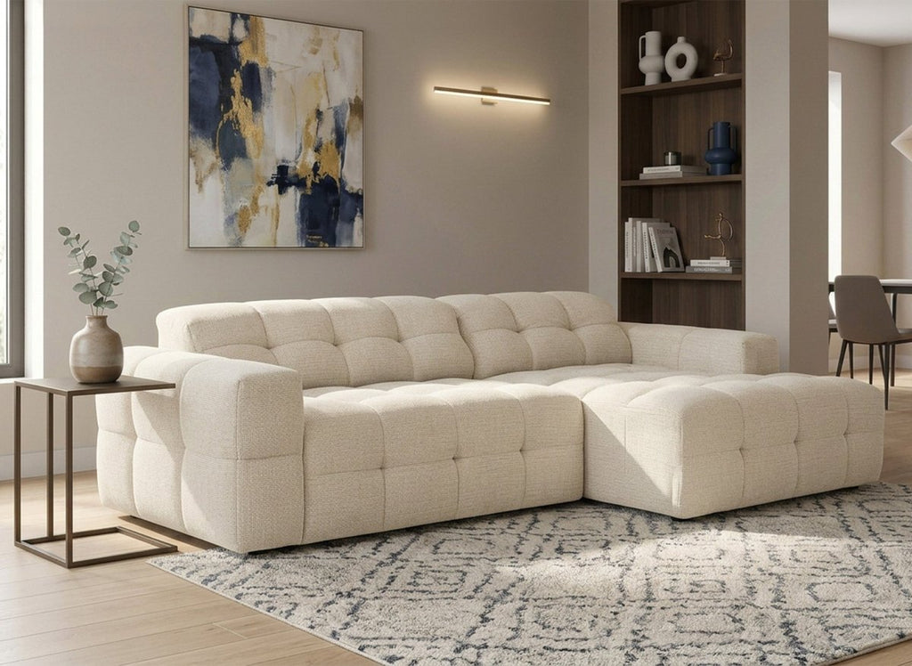 Canapé d'angle relax en velours texturé beige FEDORA - Angle droit