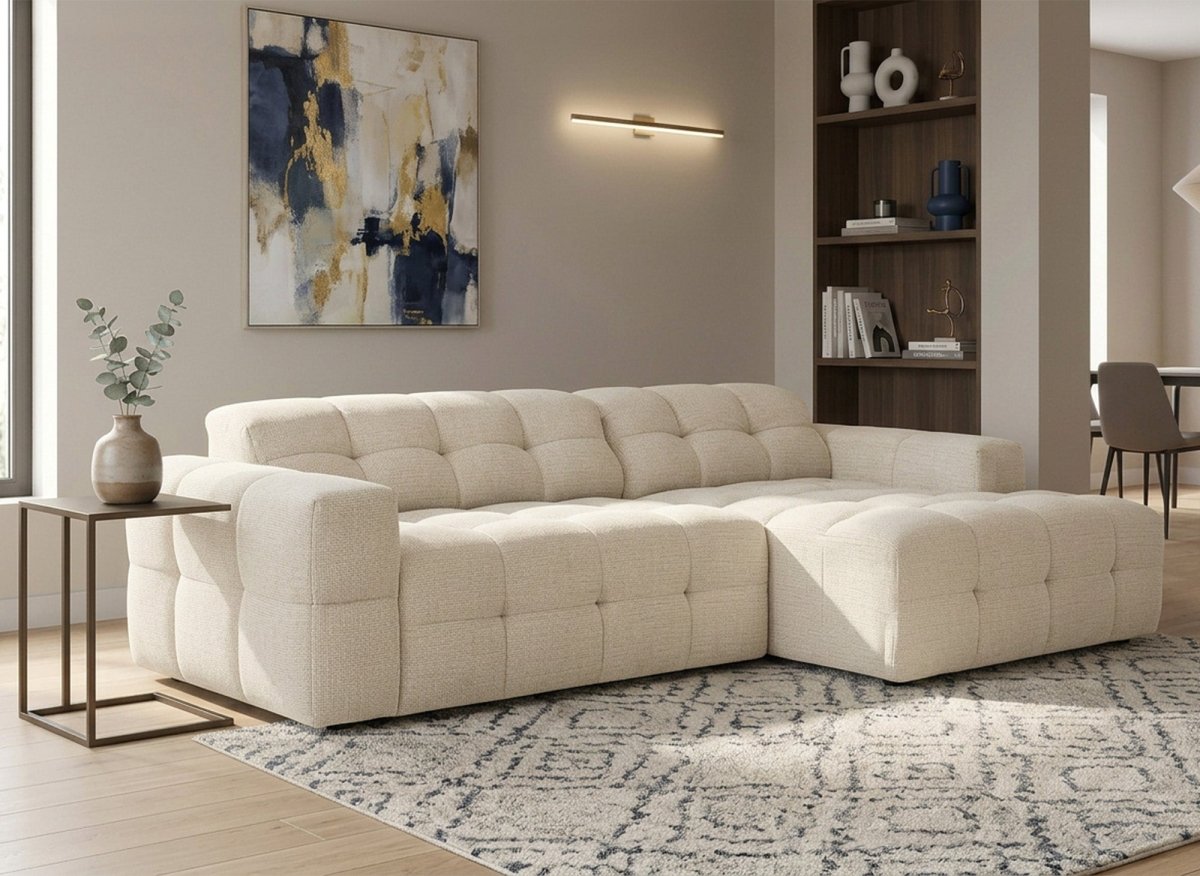 Canapé d'angle relax en velours texturé beige FEDORA - Angle droit