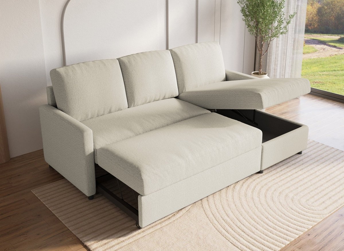 Canapé d'angle réversible convertible coffre de rangement en tissu beige ADAM