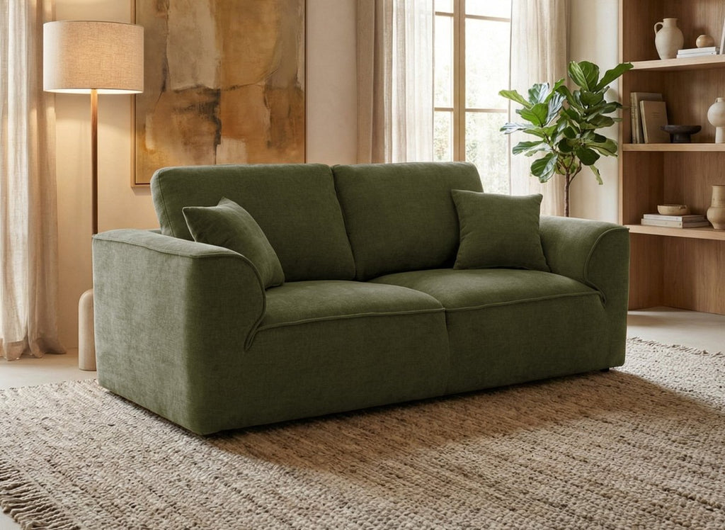 Canapé droit 3 places en velours chiné vert olive ABELIA