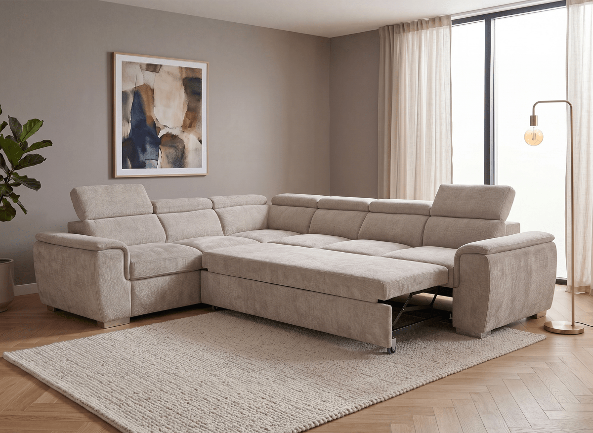 Canapé panoramique convertible avec coffre en velours chiné beige GAELLE - Angle droit