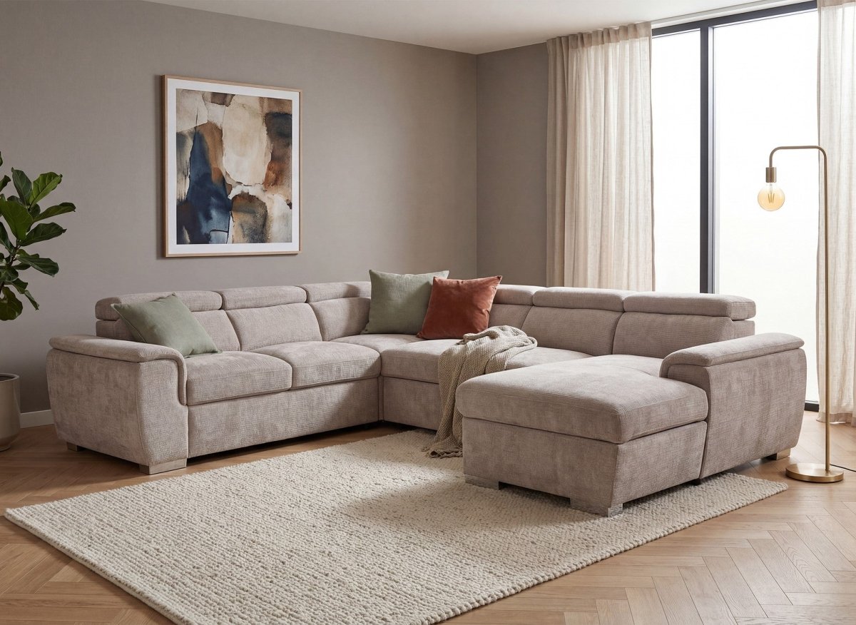 Canapé panoramique convertible avec coffre en velours chiné beige GAELLE - Angle droit