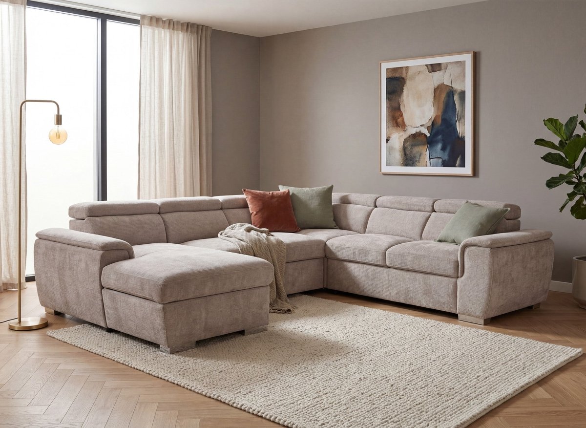 Canapé panoramique convertible avec coffre en velours chiné beige GAELLE - Angle gauche