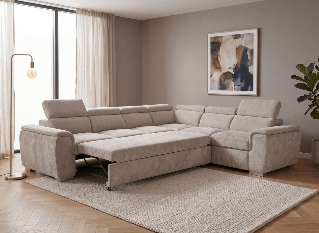 Canapé panoramique convertible avec coffre en velours chiné beige GAELLE - Angle gauche