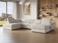 Canapé panoramique convertible avec coffre en velours chiné beige MARIANO- Angle droit