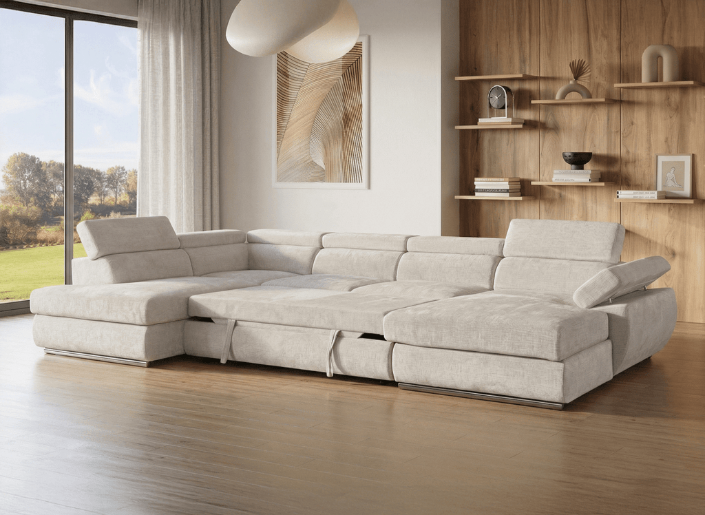 Canapé panoramique convertible avec coffre en velours chiné beige MARIANO- Angle droit