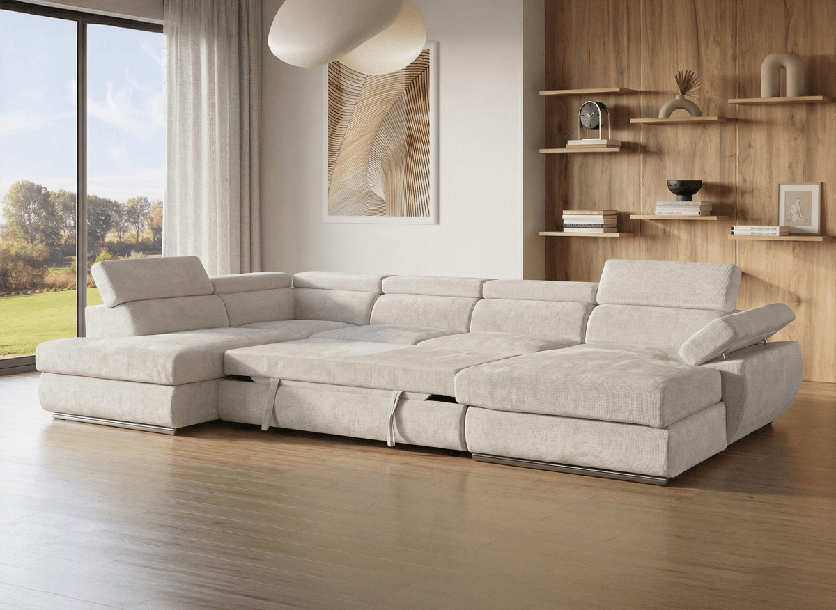 Canapé panoramique convertible avec coffre en velours chiné beige MARIANO- Angle droit