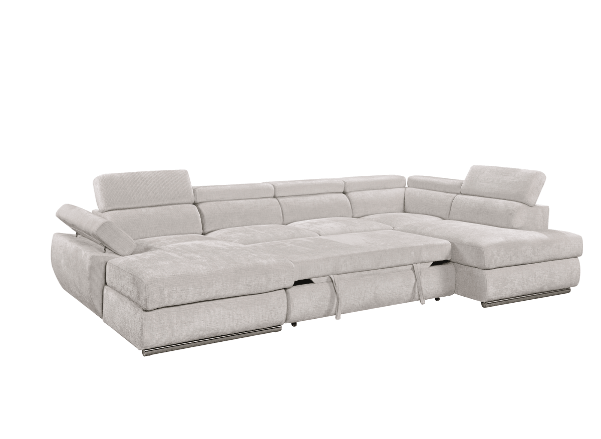 Canapé panoramique convertible avec coffre en velours chiné beige MARIANO- Angle gauche