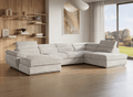 Canapé panoramique convertible avec coffre en velours chiné beige MARIANO- Angle gauche