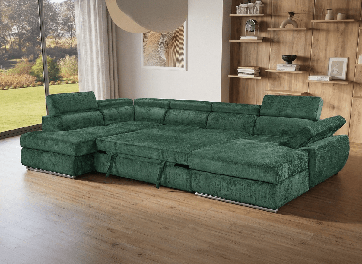 Canapé panoramique convertible avec coffre en velours chiné vert olive MARIANO- Angle droit