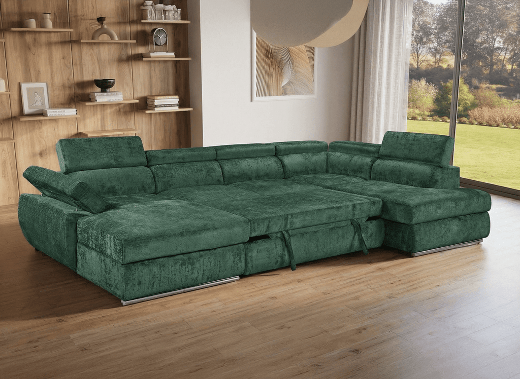 Canapé panoramique convertible avec coffre en velours chiné vert olive MARIANO - Angle gauche